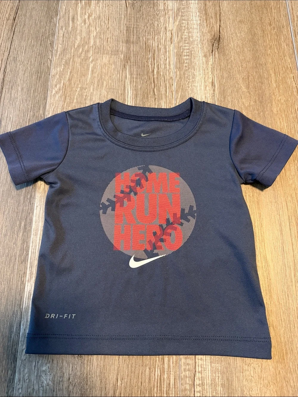 Nike Dri Fit Boys Navy Short Sleeve 'Home Run Hero' Tee with Red Graphic